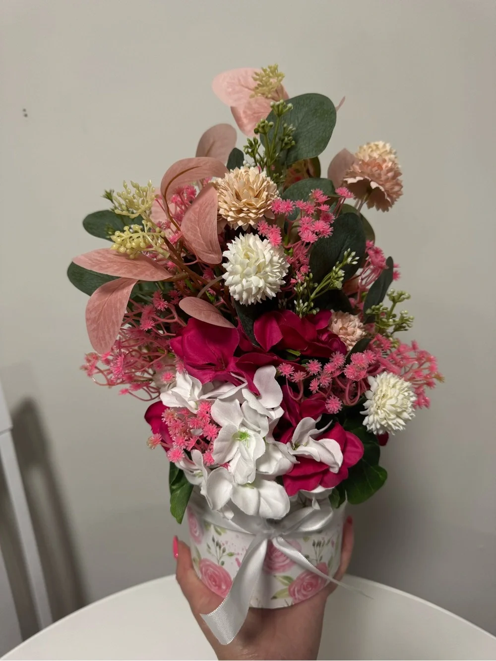 Pink & White Floral Arrangement in Decorative Hatbox